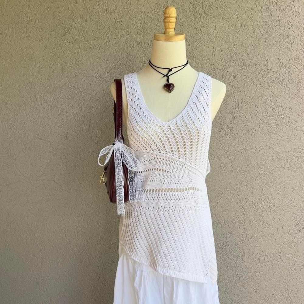 Y2K Armani Exchange White Knit Asymmetrical Tank Top XS Boho Festival